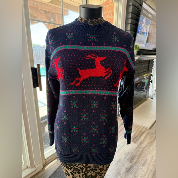 INC International Concepts Navy and Red Reindeer Sweater - Picture 1 of 3